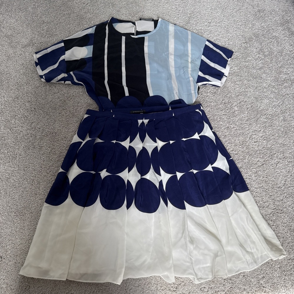 Strenesse Gabriele Strehle Vintage 100% Silk Skirt Set Pleated Polka Dots Sz 38